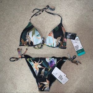 h&m black plant floral tie up bikini